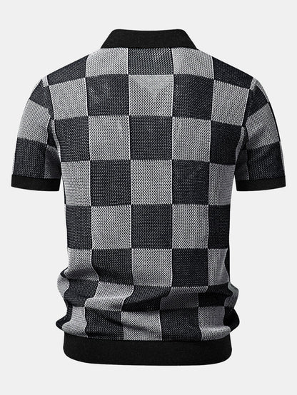 Crocheted Zipper Knit Polo with Checkerboard Design