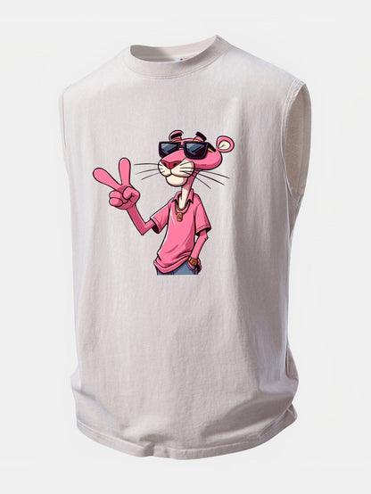 Distressed Washed Tank Top Featuring Pink Panther and V Sign Print