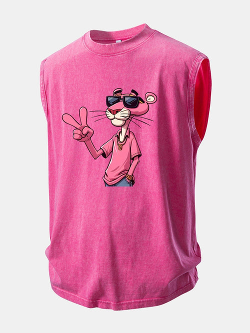 Distressed Washed Tank Top Featuring Pink Panther and V Sign Print