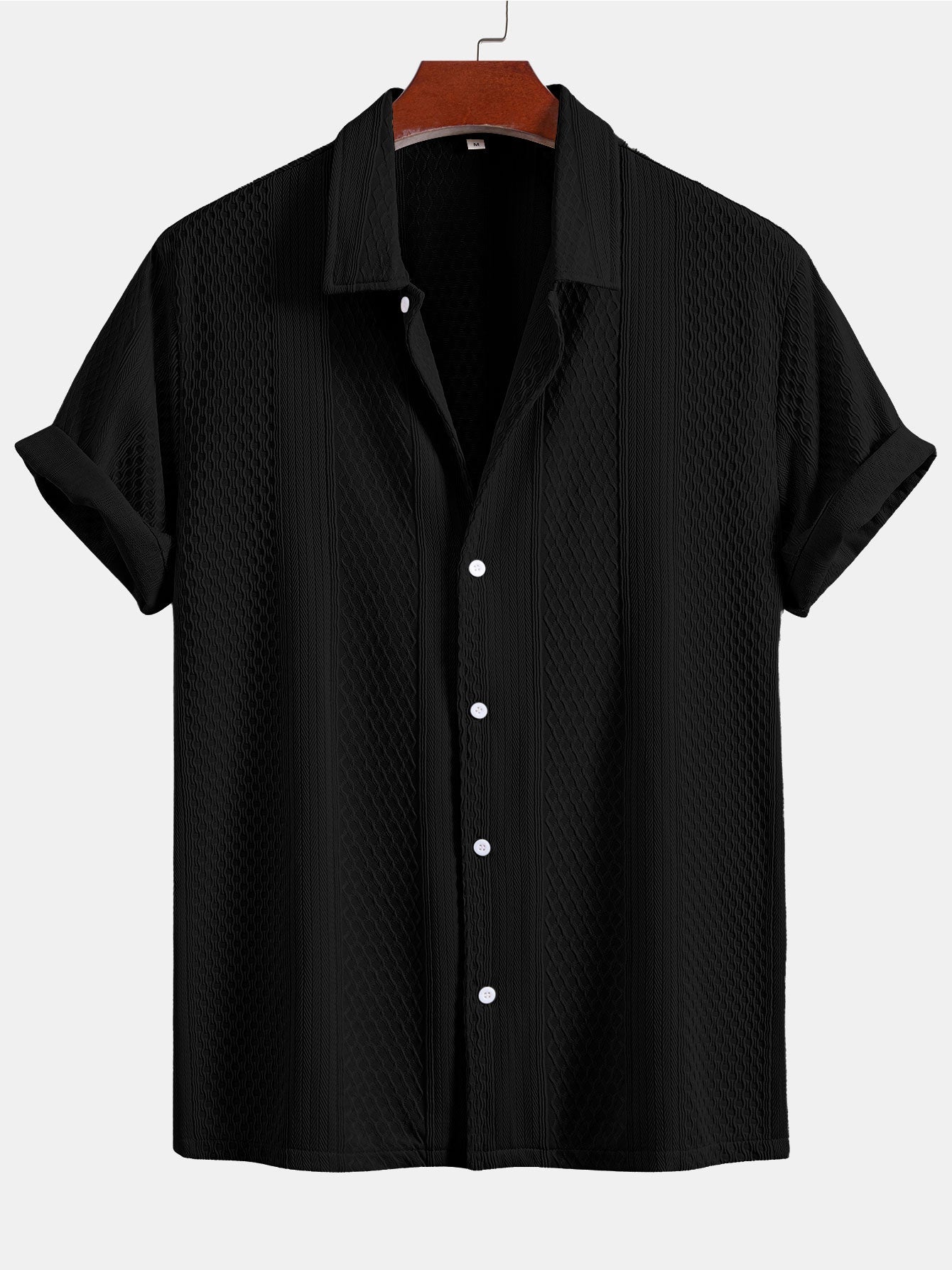 Geometric Jacquard Button-Up Shirt with Crinkle Textured Straight-Leg Pants