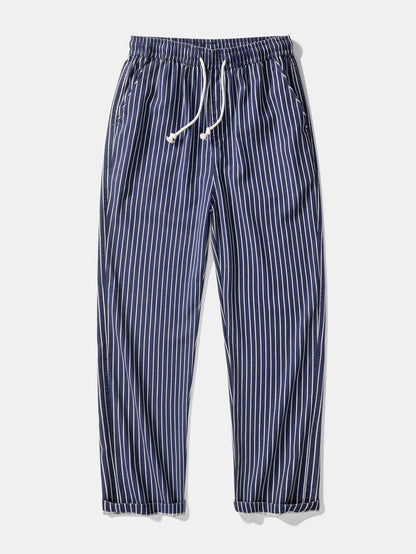 Linen-Rayon Blend Button-Up Shirt with Striped Straight-Leg Linen Pants