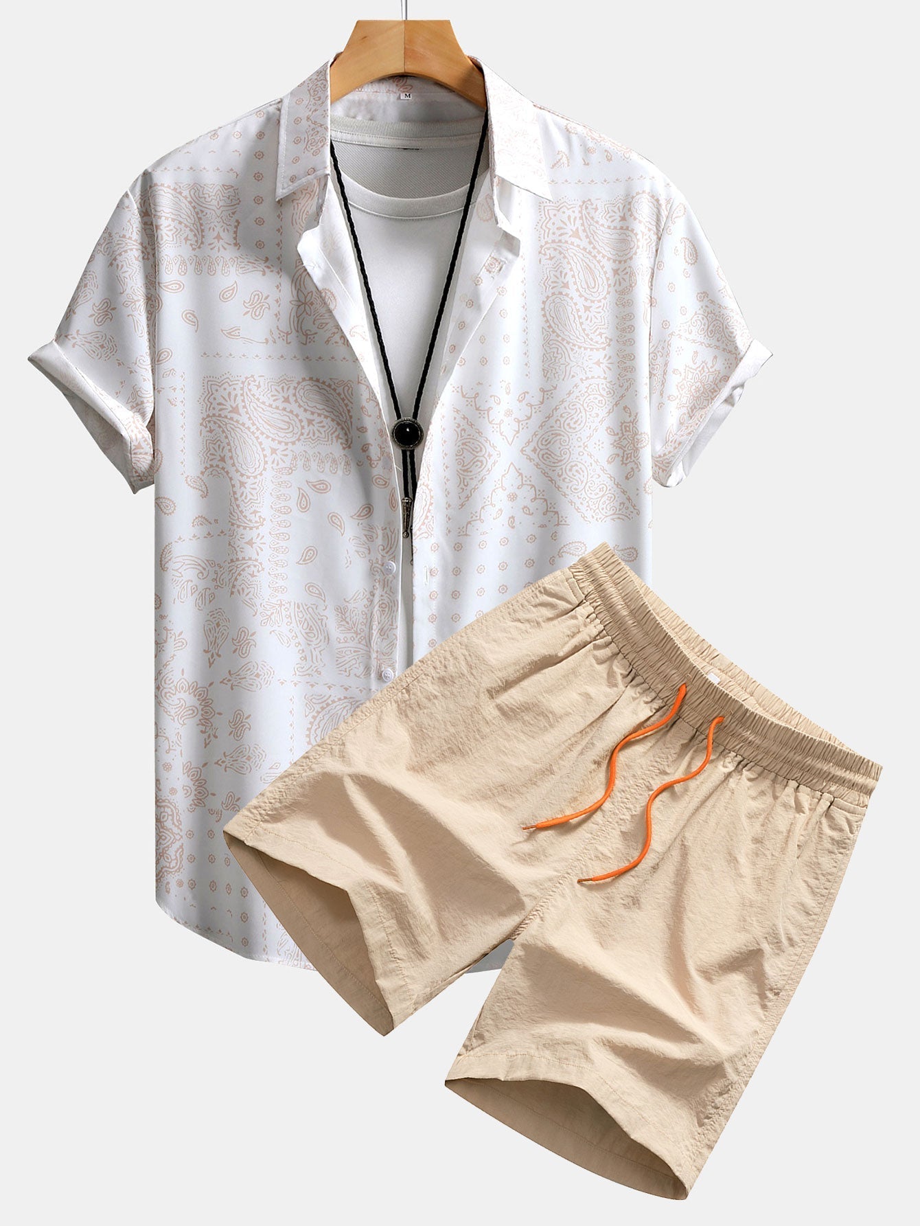 Paisley Pattern Button-Up Shirt with Matching Swim Shorts
