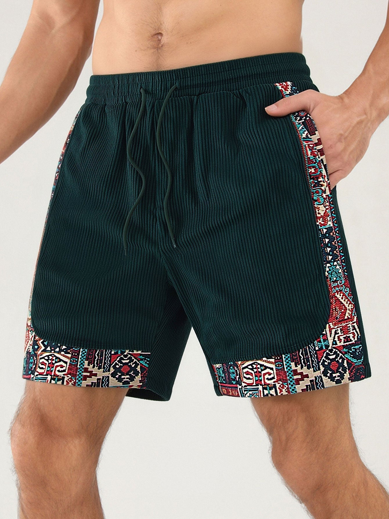 Geometric Jacquard Patchwork Corduroy Shorts with Ethnic Flair