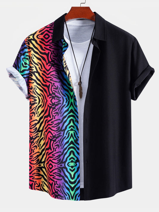 Vibrant Tiger Print Patchwork Button-Up Shirt