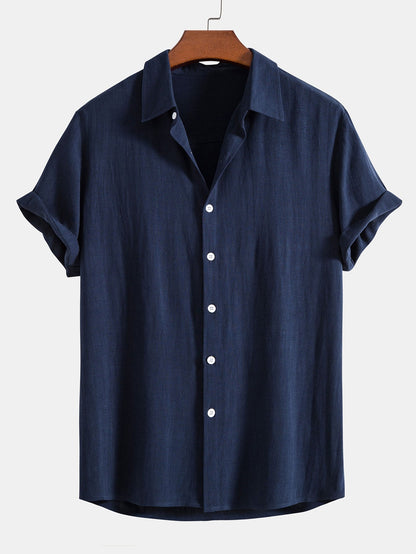 Linen-Rayon Blend Button-Up Shirt with Striped Straight-Leg Linen Pants