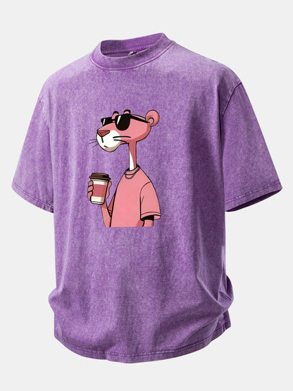 Distressed Drop Shoulder T-Shirt Featuring Pink Panther Coffee Print