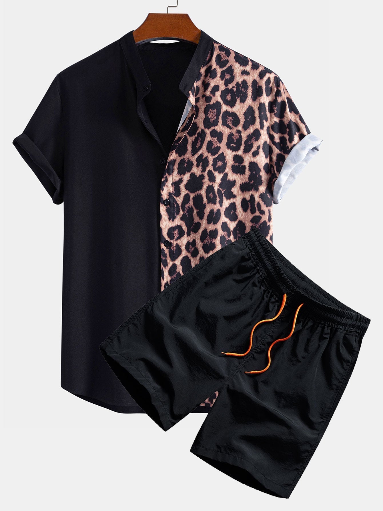 Leopard Print Patchwork Stand Collar Shirt with Matching Swim Shorts
