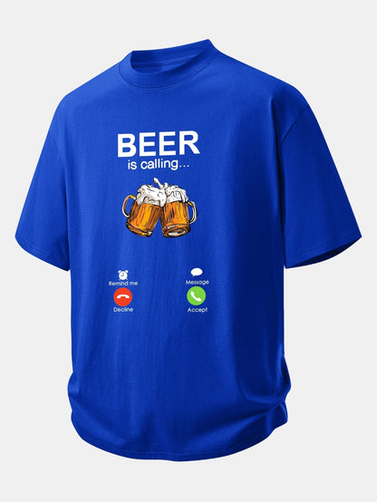 Comfortable Cotton T-Shirt with 'Beer Is Calling' Print