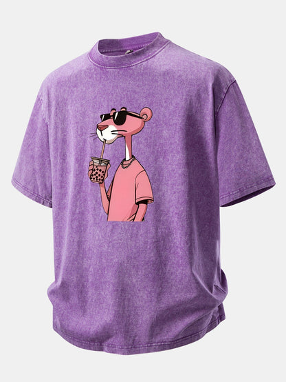 Distressed Drop Shoulder T-Shirt with Pink Panther Print