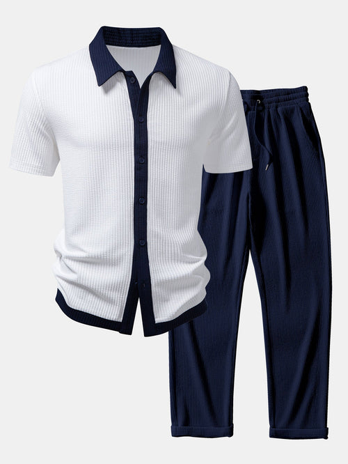 Ribbed Button-Up Shirt with Contrast and Straight-Leg Ribbed Pants