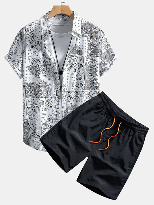 Paisley Print Button-Up Shirt with Matching Swim Shorts