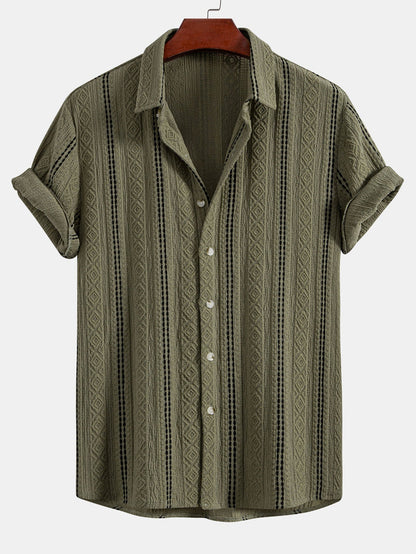 Geometric Striped Jacquard Button-Up Shirt with Crinkle Textured 5" Drawstring Shorts