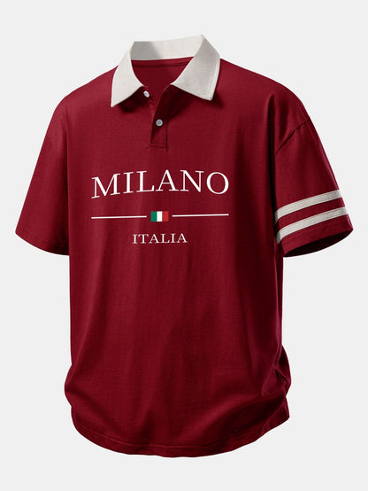 Relaxed Fit Milano Print Polo Shirt with Contrast Collar