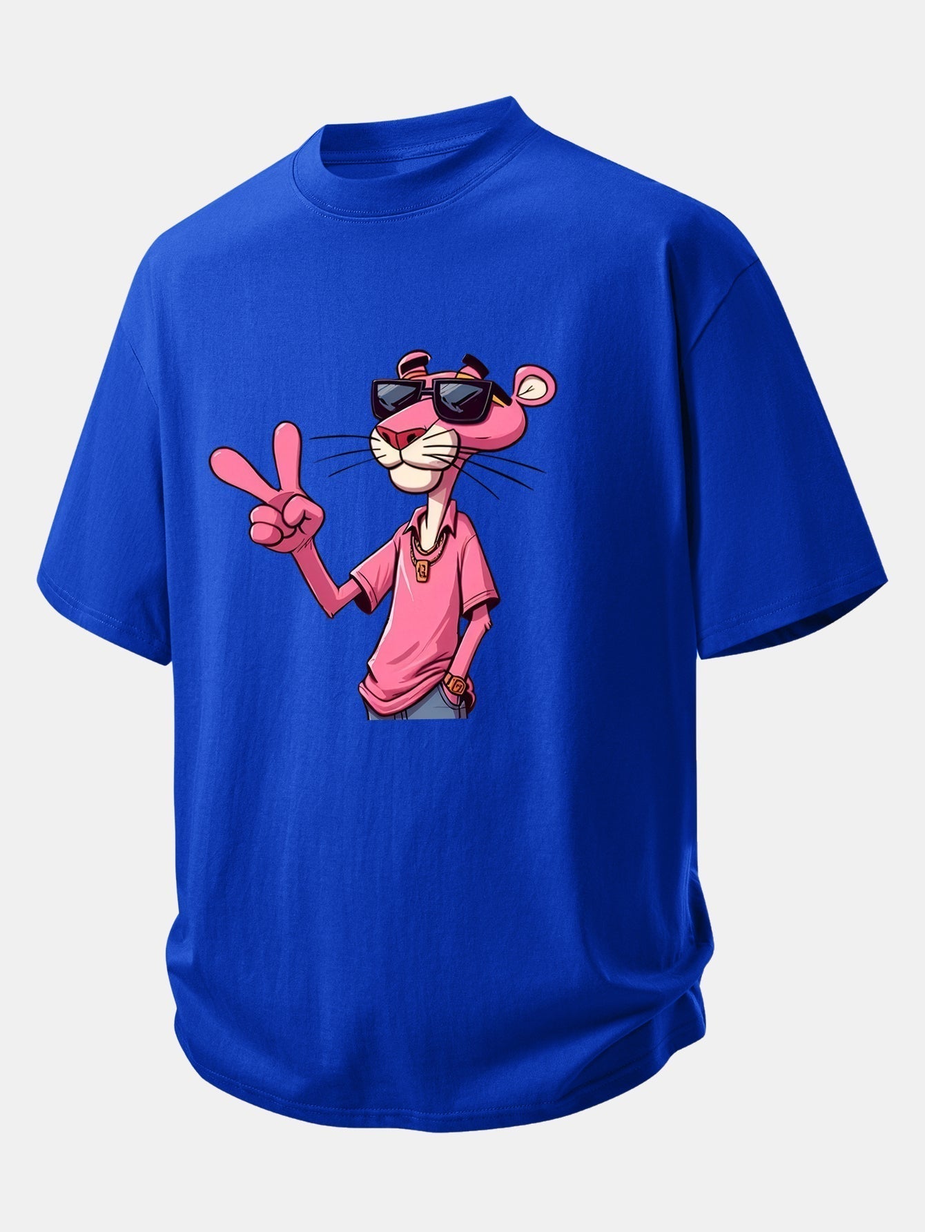Relaxed Fit Cotton T-Shirt Featuring Pink Panther and V Sign Print