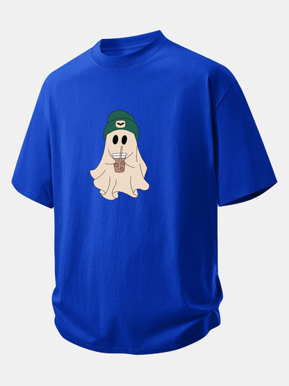 Relaxed Fit Dark Green Ghost Print Cotton T-Shirt
