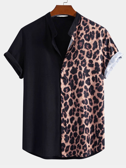 Leopard Print Patchwork Stand Collar Shirt with Matching Swim Shorts