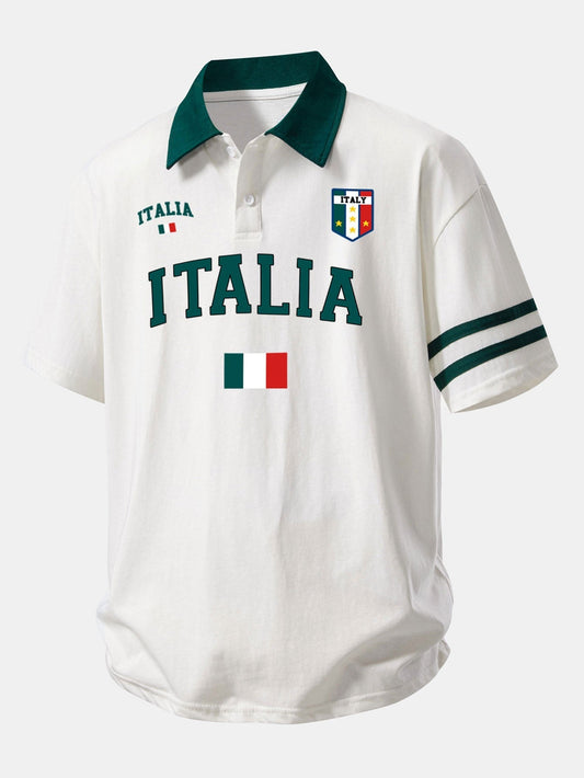 Relaxed Fit Polo Shirt with Italia Print and Contrast Collar