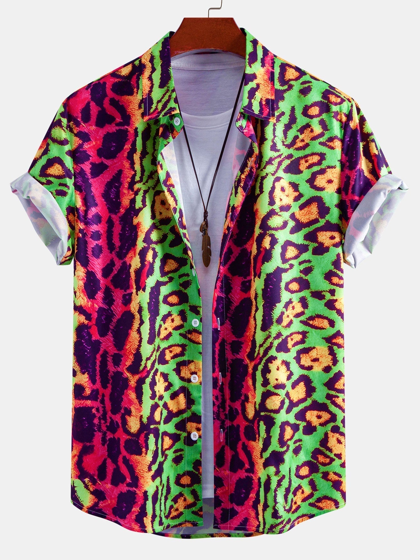 Vibrant Leopard Print Button-Up Shirt and Swim Shorts Set