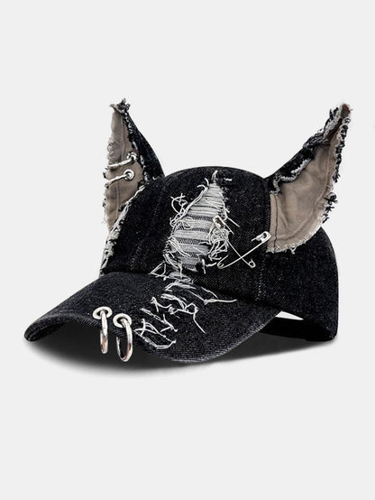 Gothic Western Distressed Denim Cap with Metal Accents