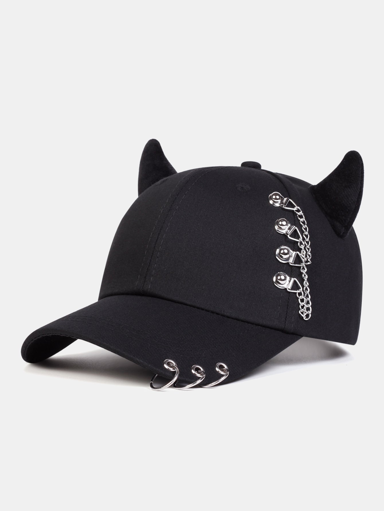 Y2K-Inspired Hip Hop Baseball Cap with Cat Ear Design and Metal Chain Accents for Music Festivals