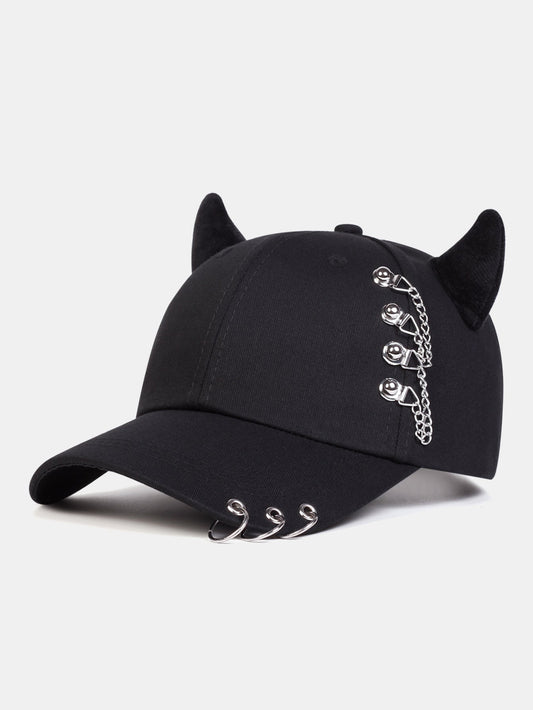Y2K-Inspired Hip Hop Baseball Cap with Cat Ear Design and Metal Chain Accents for Music Festivals