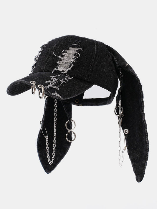 Distressed Rabbit Ear Baseball Cap in Punk Street Hip Hop Style