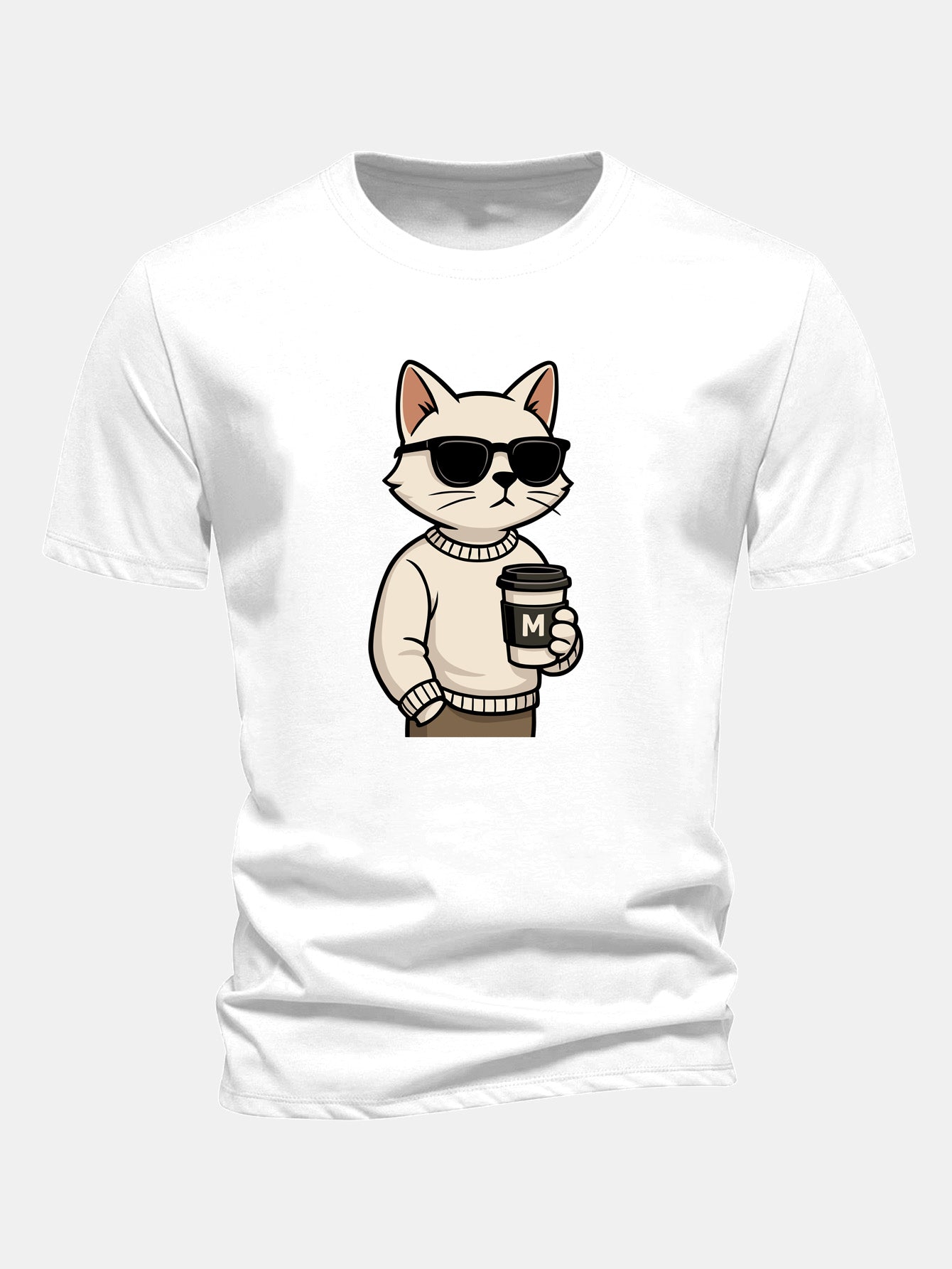 Classic Fit Cotton T-Shirt with Cat Coffee Print