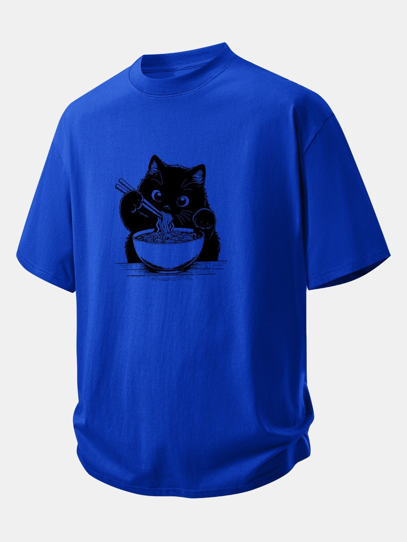 Comfortable Black Cat Ramen Graphic Cotton T-Shirt