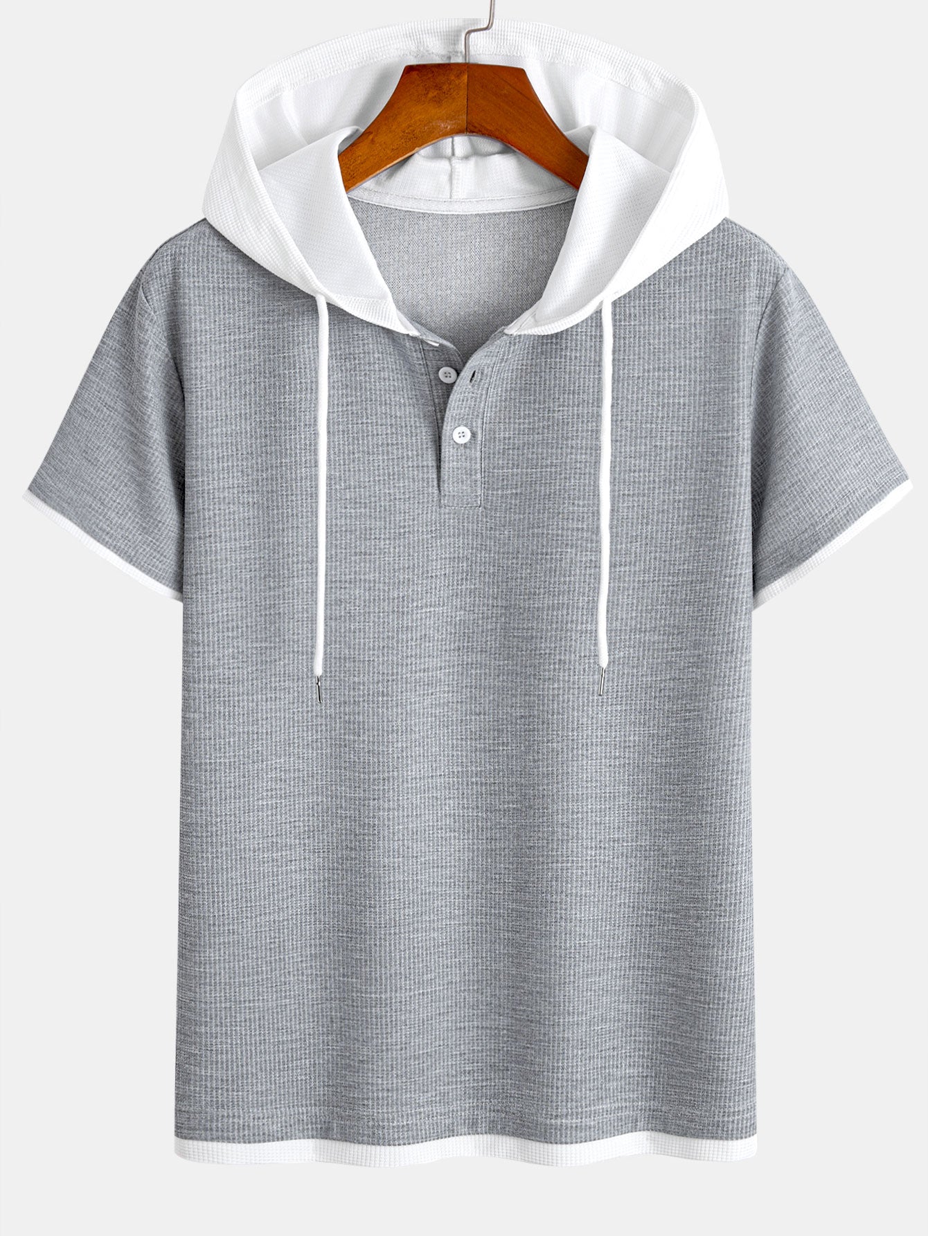 Two-Tone Button-Up Waffle Knit Hooded Tee