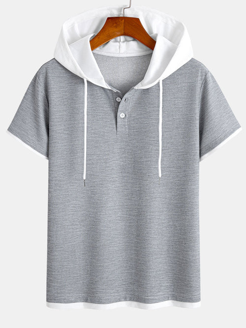 Two-Tone Button-Up Waffle Knit Hooded Tee