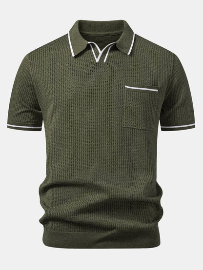 Johnny Collar Knit Polo with Contrast Stripe Trim and Pocket