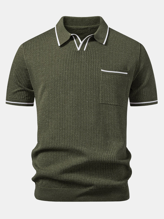 Johnny Collar Knit Polo with Contrast Stripe Trim and Pocket