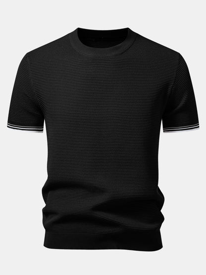 Ribbed Knit T-Shirt with Contrast Stripe Trim