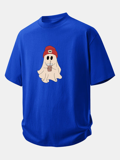 Comfortable Red Ghost Print Cotton T-Shirt