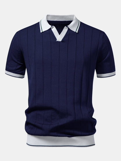 Ribbed Knit Polo with Contrast Trim and Johnny Collar