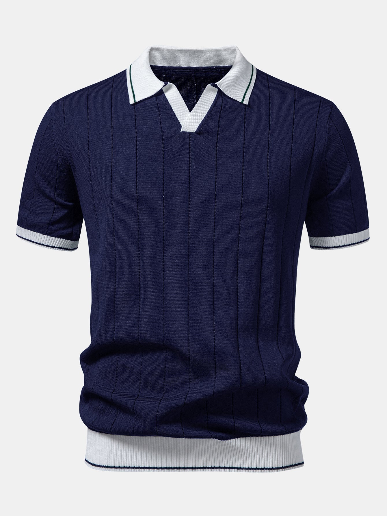 Ribbed Johnny Collar Knit Polo with Contrast Trim & Slim Fit Tapered Trousers