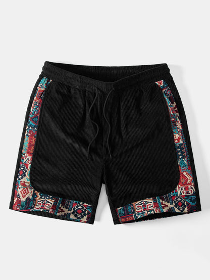Geometric Jacquard Patchwork Corduroy Shorts with Ethnic Flair