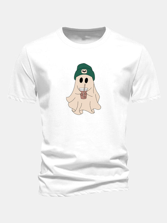 Regular Fit Dark Green Cotton T-Shirt with Ghost Print