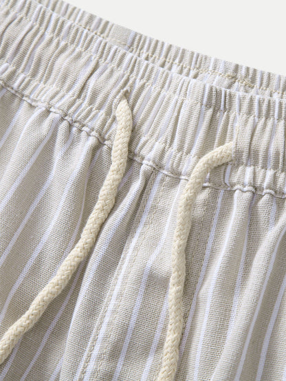 Linen-Rayon Blend Button-Up Shirt with Striped Straight-Leg Linen Pants