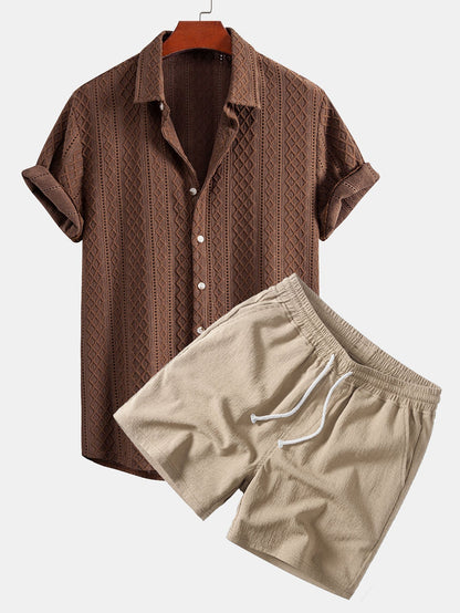 Jacquard Rhombus Button-Up Shirt & Crinkle Textured 5" Drawstring Shorts