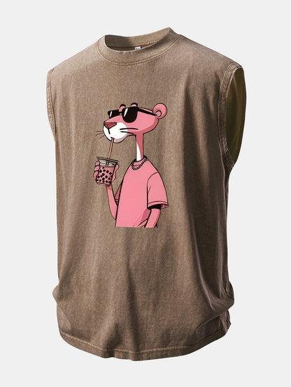Distressed Washed Tank Top with Pink Panther Print