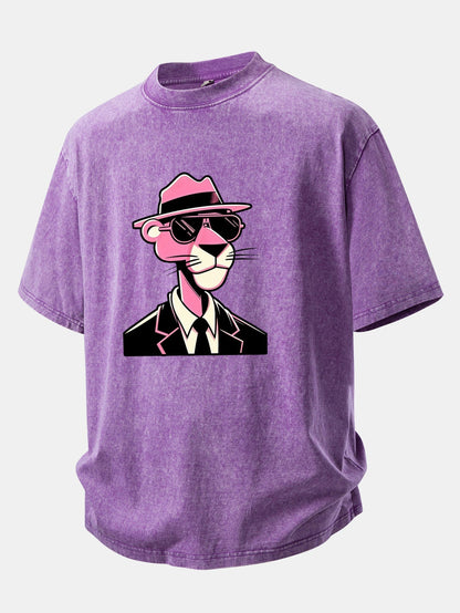 Distressed Pink Panther Print Drop Shoulder T-Shirt for Gentlemen