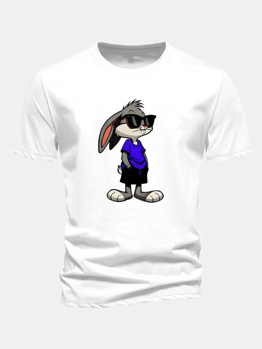 Rabbit Print Cotton T-Shirt in Regular Fit with Sunglasses Design