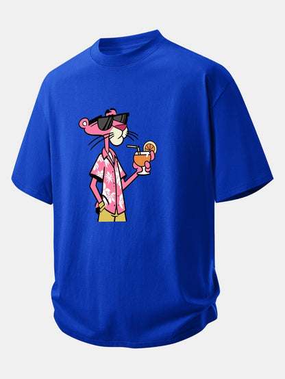 Relaxed Fit Pink Panther Print Cotton Tee for Vacation