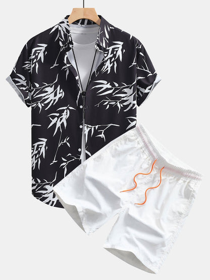 Bamboo Leaf Print Button-Up Shirt and Swim Shorts Set
