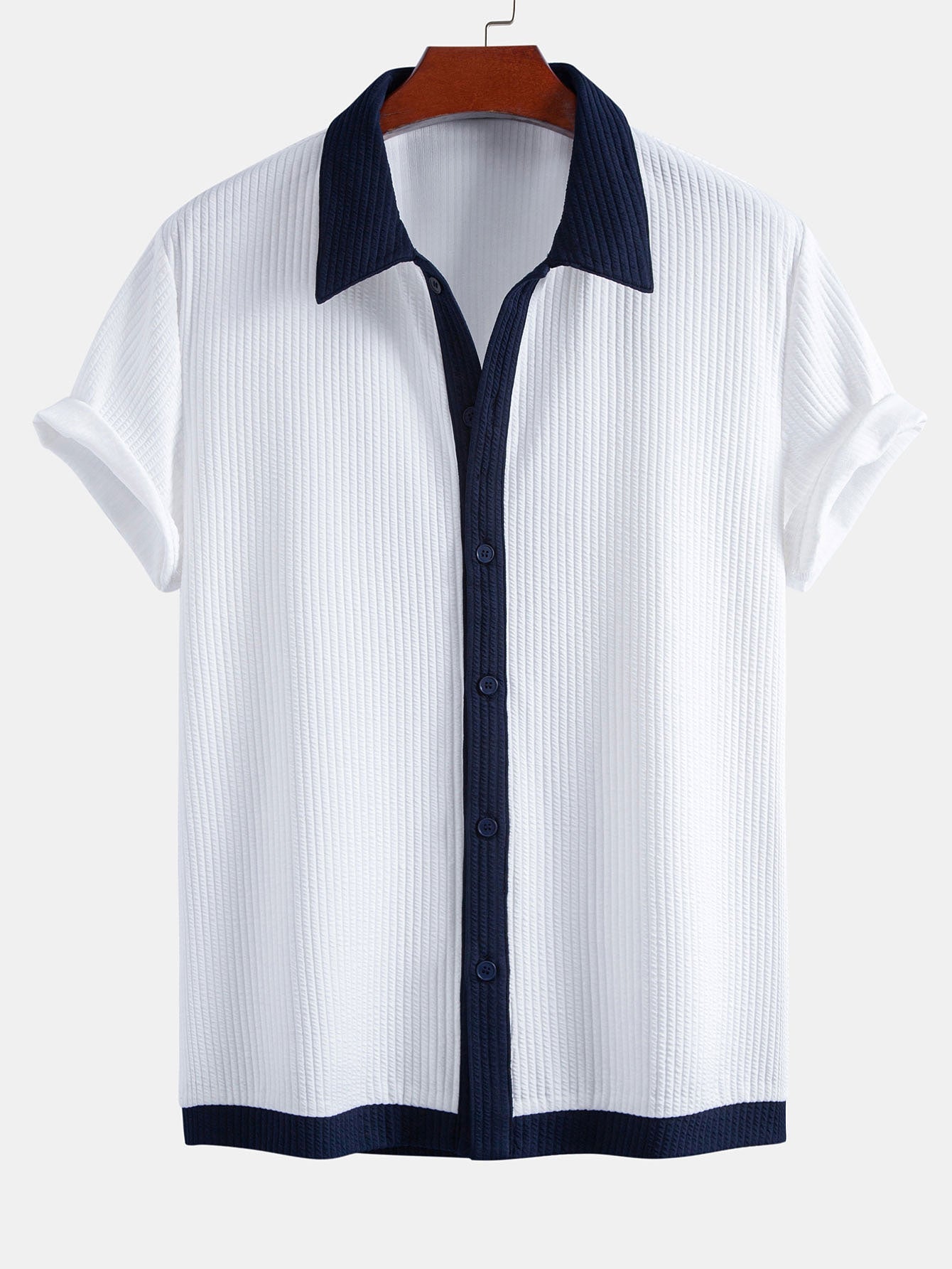 Ribbed Button-Up Shirt with Contrast Details & Drawstring Ribbed Shorts