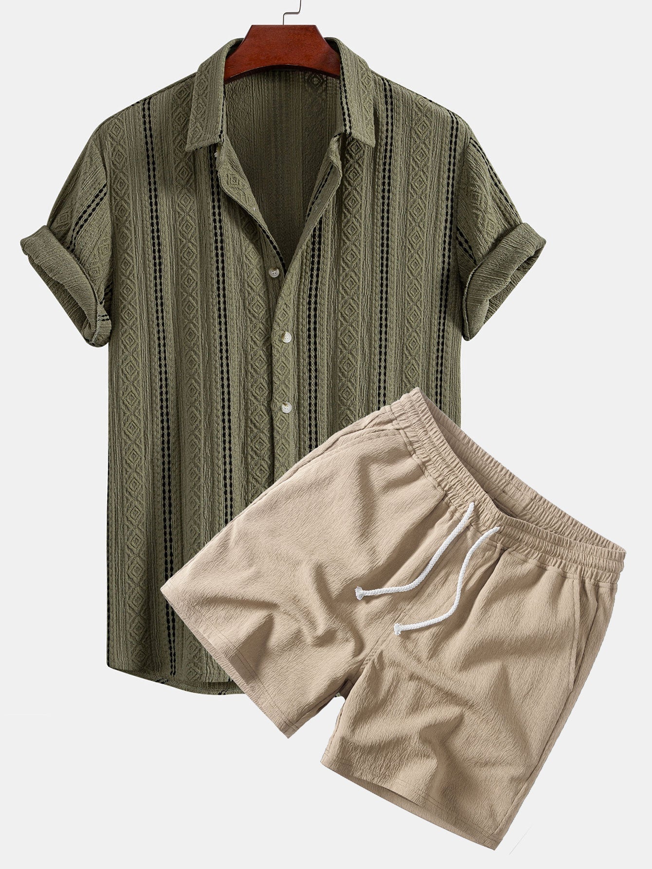 Geometric Striped Jacquard Button-Up Shirt with Crinkle Textured 5" Drawstring Shorts