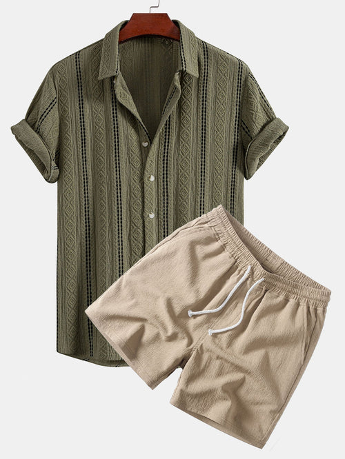 Geometric Striped Jacquard Button-Up Shirt with Crinkle Textured 5" Drawstring Shorts