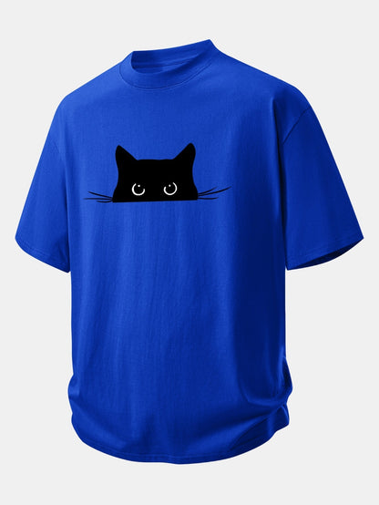Comfortable Black Cat Print Cotton Tee