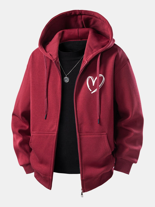 Heart Pattern Zip-Up Hoodie